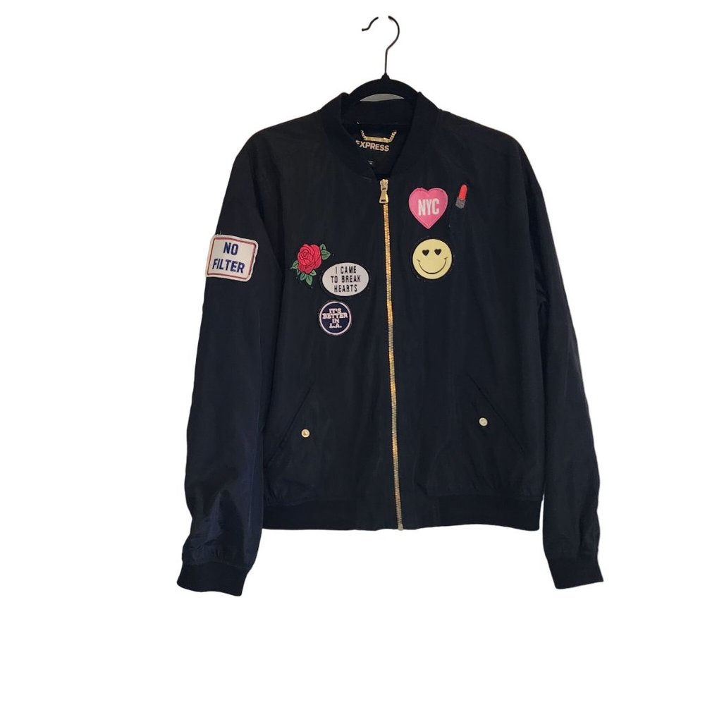 Express Black 80s Retro Funky Grunge Nylon Windbreaker Bomber Jacket Size M